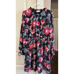 Black Red Pink‎ Blue Floral and Polka Dot Long Sleeved Dress from Loft-Size 12